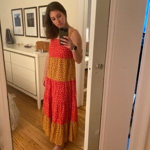 Madewell Button-Back Tiered Midi Dress in Colorblock Calico